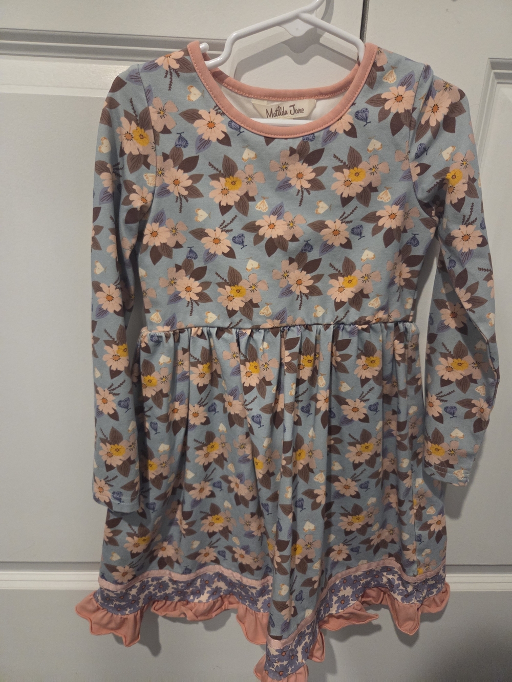 Matilda Jane Light Blue Floral Long-Sleeve Dress with Pink Trim